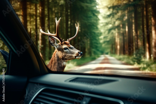 Beautiful deer on the road close-up, view from the car from the driver’s seat, summer, forest