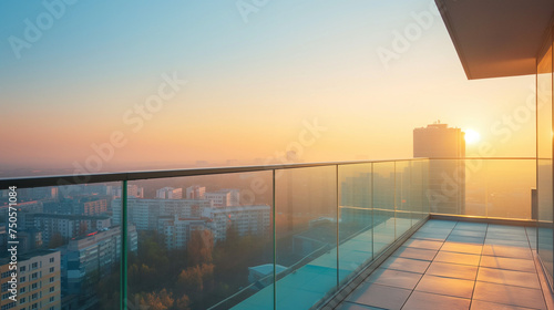 Empty balcony with glass parapet over modern cityscape and sunrise above buildings.