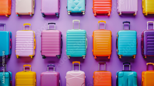 Flat lay of trendy suitcases pattern on purple background. Travel concept. Adventure Ad. Generative AI