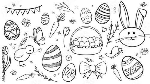 Cute set of vector hand drawn easter elements. Easter eggs, carrots, rabbits, chicks, flowers, bows and other spring items.