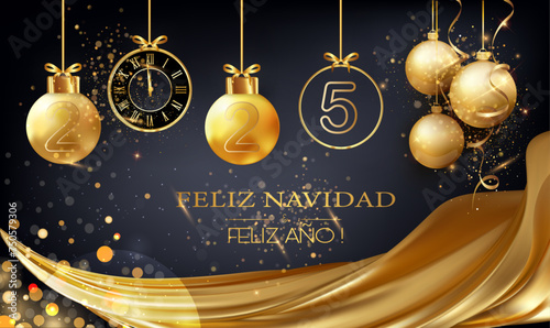 tarjeta o diadema para desear una Feliz Navidad y un Próspero Año Nuevo 2025 en dorado y negro que consta de adornos navideños y un reloj debajo de una cortina dorada de círculos con efecto bokeh sobr