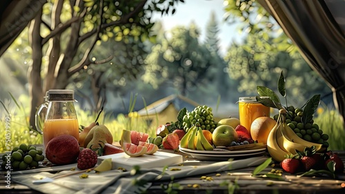 fruit prepared for a breakfast salad, arranged outside a tent amidst the serene beauty of nature, inviting viewers to indulge in a wholesome outdoor dining experience.