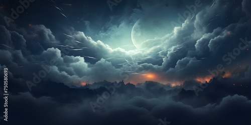 Full moon hides behind dark cloud amidst a mystic starry night. Concept Starry Night Skies, Lunar Phenomena, Dark Cloud Cover, Mysterious Moon, Night Photography