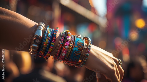 Various bracelets in women's hands at a jewelry store, women wears a beautiful multicolors bangles in hr hand