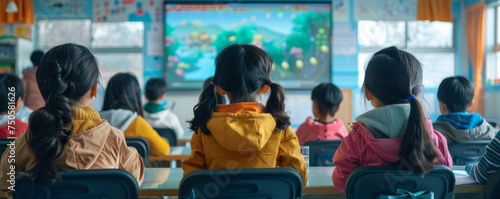 A digital classroom where students solve complex mathematical formulas through interactive games fostering a love for learning and problem solving