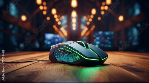 Close up of gaming mouse on desk with ample copy space, technology and gaming accessories concept