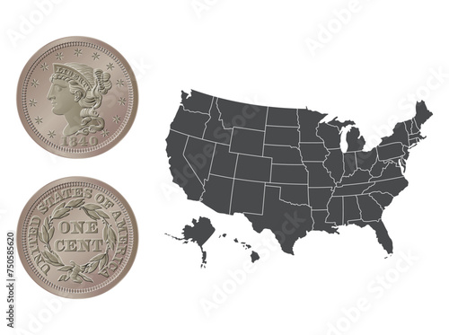 Vector American money, one cent coin, 1840-1857. Vector illustration isolated on the background of a map of the USA.