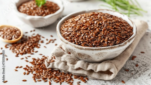 "Bowl of raw flaxseeds on a white textured surface with a spoon. 