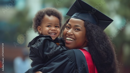 happy african american mother and daughter in graduation cap on green background. Mother's day