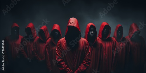 The Image of People Wearing Red Hoods in a Sinister Cult Setting. Concept Dark Portraits, Sinister Imagery, Cult Aesthetics, Mystery Photography, Red Hood Symmetry