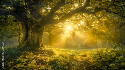 Enchanted Sunrise Peeking Through Majestic Trees in a Misty Forest Clearing