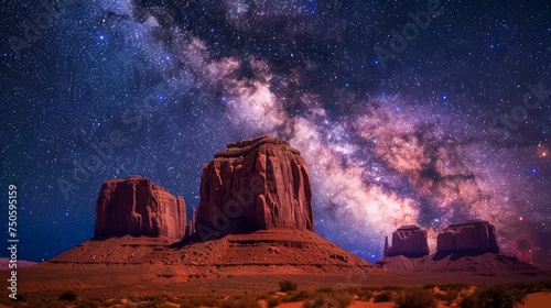 Majestic Night Sky Over Monument Valley with Milky Way Galaxy and Stars