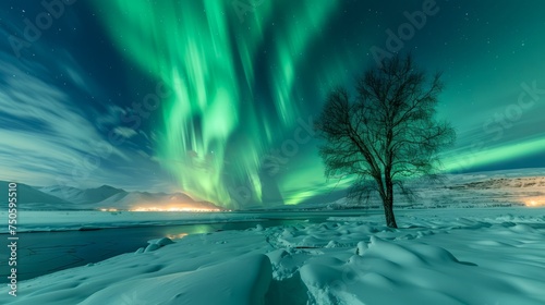 Mesmerizing Northern Lights Display Over Snowy Landscape and Lonely Tree with Glowing Town in Distance