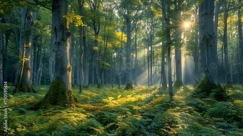 Enchanted Misty Forest at Sunrise with Sunrays Peeking Through the Trees and Lush Greenery