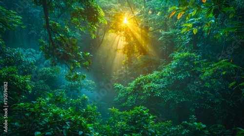 Majestic Sun Rays Piercing Through Lush Green Tropical Rainforest Canopy