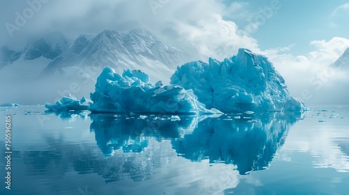 Majestic Iceberg Reflection in Serene Arctic Waters with Misty Mountain Backdrop
