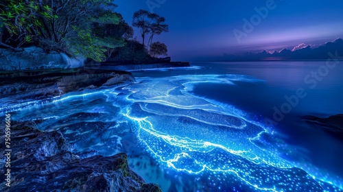 Enchanting Nocturnal Seascape with Luminous Bioluminescent Plankton on Serene Coastline