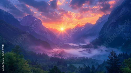 Majestic Sunrise Over Misty Mountain Valley with Forest and Sunbeams Breaking through Peaks
