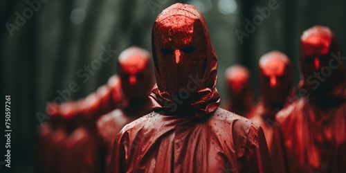 Cult members in red garments and redpainted faces led by their dark leader in landscape orientation digitally created. Concept Cult Members, Red Garments, Dark Leader, Digital Art