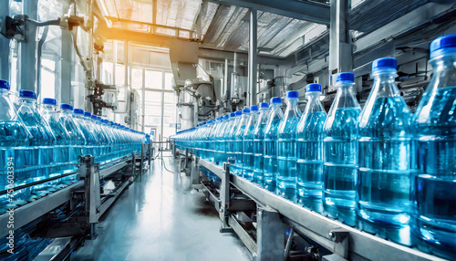Bottling line or bottling plant of drinks in blue transparent plastic bottles in a factory. Generative Ai.