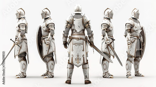 Medieval Knight: A gallant knight in shining armor, wielding a gleaming sword and shield. 3d render in minimal style isolated on white backdrop. Character sheet. Multiple Different Angles