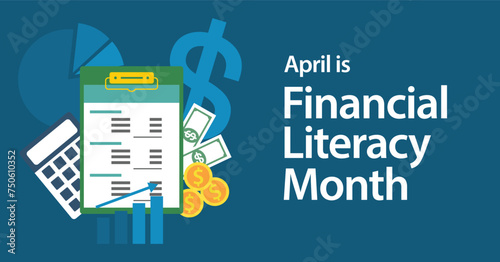 National Financial Literacy Month. Business success, personal finance education concept. Observed in April. Vector illustration banner