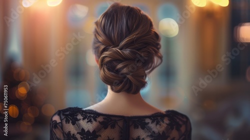 Elegant dressed woman from behind neckline black dress elegant hairstyle