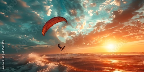 Kitesurfer Glides Through Stormy Sea at Sunset