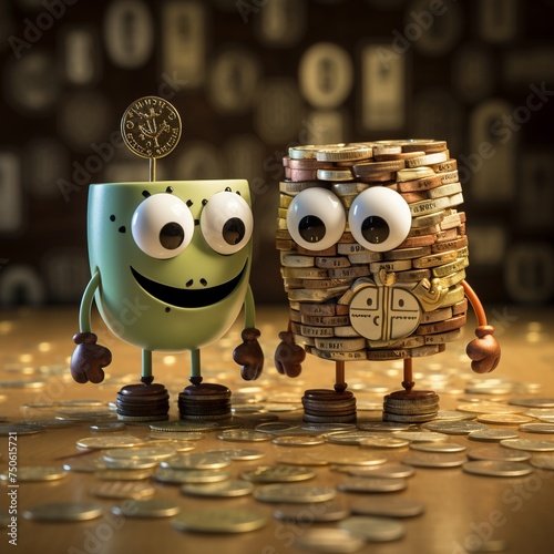 Cute cash and coin characters diverse denominations concept of currency