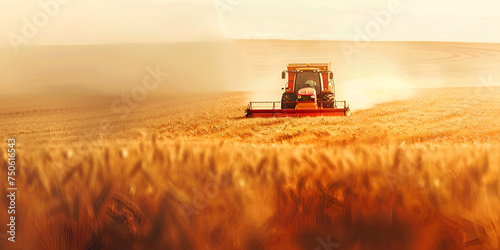 Agriculture machinery cutting the ripe wheat at sunset generative ai,Combine harvester harvests ripe wheat. ripe ears of gold field on the sunset cloudy orange sky background. . concept of a rich harv