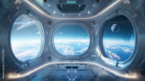 Futuristic space station interior with a clear view of the Earth and stars from a large window.