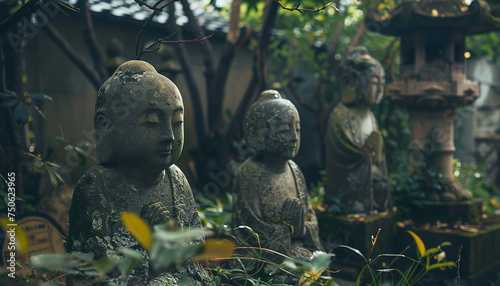 Buddhist Jizo statues in a Japanese gard