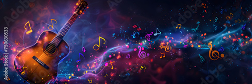 acoustic guitar and colourful music notes