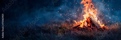 Campfire burning brightly under a night sky - The dynamic image showcases the intensity and warmth of a campfire against the dark, moody backdrop of the night