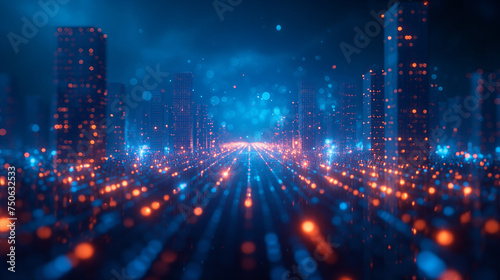 Depicts three-dimensional cyberspace digital world with internet materialization through blue and red dots and lines. Can be used as news graphics, postcards, book covers