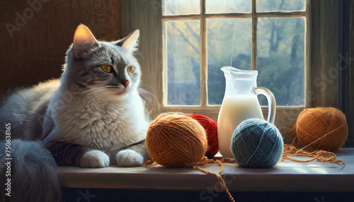 cat, yarn and a jug of milk near the window
