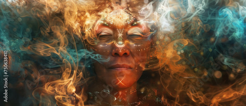 A serene portrait of a Native American shaman, surrounded by symbols of healing and nature, their gaze piercing through the mystic smoke of a ceremonial fire, set within a dense, sacred forest.