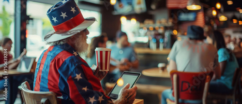 Uncle Sam in a modern cafe, sipping coffee from a mug with the American flag, browsing election news on a tablet, surrounded by diverse patrons discussing politics.