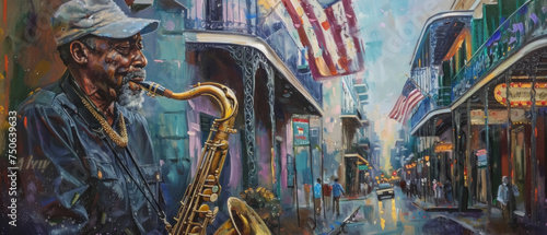 A jazz musician playing a saxophone on a street corner, with an American flag draped over a nearby balcony, blending culture and patriotism.