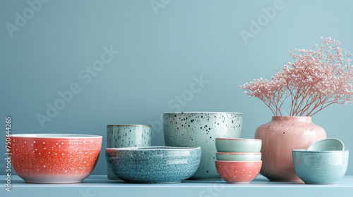 Vibrant ceramic bowls and plates artistically arranged against a striking red background
