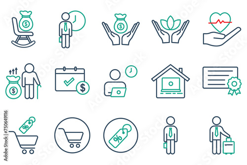 employee benefits icon set. contains icon retirement plan, flexible working, certificate, bonus, etc. line icon style. business element vector illustration