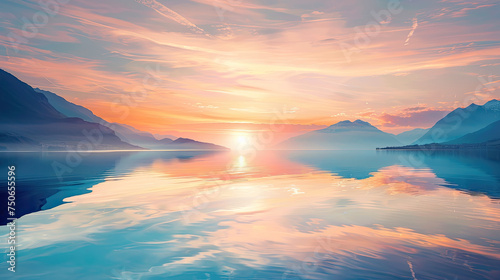 A tranquil sunset casts warm colors over a still lake with a perfect reflection of the surrounding mountains