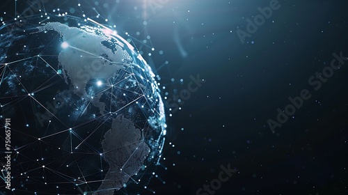 Globe earth hologram on dark background with copy space. Neural network connection. Communication with artificial intelligence.