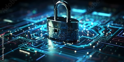 Digital security symbolized by a locked padlock guarding against hackers online. Concept Online Security, Locked Padlock, Cyber Protection, Hacker Defense, Digital Safety