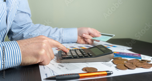 Financial debt, man calculates bill or bill expenses, has no money to pay, mortgage or loan.