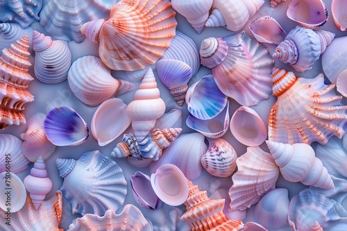 top view pattern of sea shells in pastel lilac and pink colors. 3d rendering style