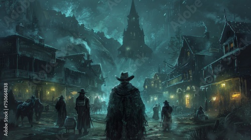 Illustrate the chilling encounter between Western outlaws and vengeful spirits in a ghost town filled with ominous messages and cryptic symbols