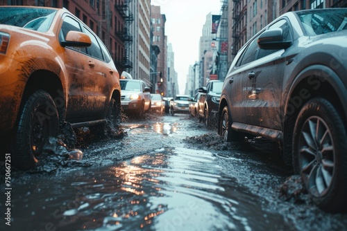 city street full of cars are flooding due to the recent storm. generative ai