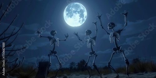 Skeletons in the path of the moon, Cartoonish Skeletons Under Moonlight