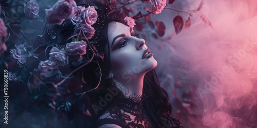 Beautiful Woman Background in the Style Ethereal Gothic Dreamscape with Edgy Undertones - Emo Goth Girl Wallpaper created with Generative AI Technology